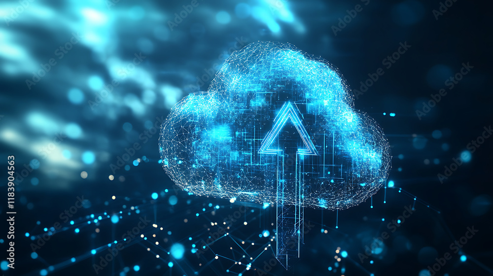 Aufkleber A futuristic cloud with an arrow pointing up, symbolizing the upward trend of digital transformation in business technology and data use cases