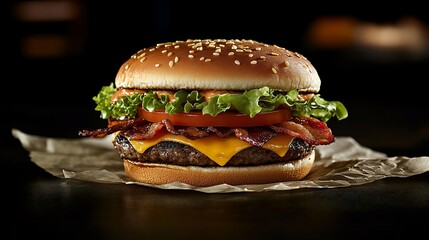 Juicy cheeseburger with bacon, lettuce, tomato, and sesame seed bun on brown paper.