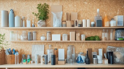 A circular economy showcase featuring products made from recycled materials, displayed creatively on minimalist wooden shelves.