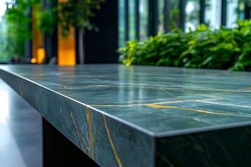 Sophisticated and serene interior design setting featuring a tranquil marble surface in soothing sage green and cool slate gray tones accented by gleaming gold details