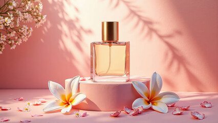 Elegant Perfume Bottle with Plumeria Flowers in Pastel Pink for Beauty and Fragrance Advertising Photography