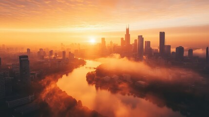 A city skyline glowing in golden hues as the sun rises, with a river running through and light mist adding depth.