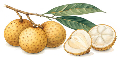 Langsat fruit watercolor collection with botanical elements.