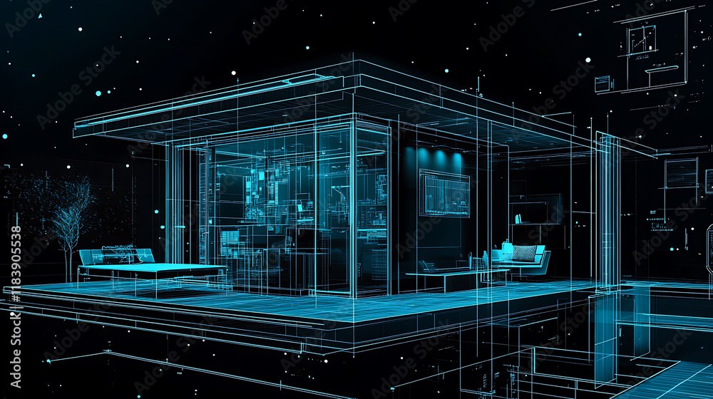 Poster A smart home designed in the blueprint style with modular design, dimensional multilayering, cyan color scheme, light black and blue hues, and line and dot work