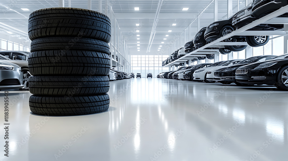 Poster a stack of tires is displayed in the foreground with cars parked on both sides and an empty white fl