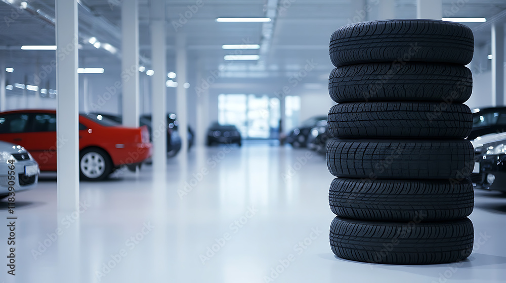 Poster a stack of tires is displayed in the foreground with cars parked on both sides and an empty white fl