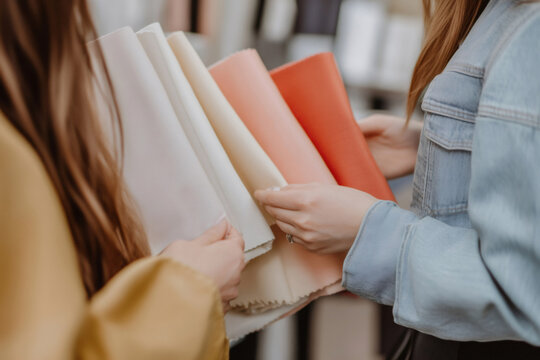 Two fashion designers holding fabric samples while discussing color palettes and textures for a new clothing line