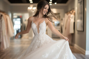 Happy bride twirling her white wedding dress inside a bridal shop, choosing the perfect gown for her special day