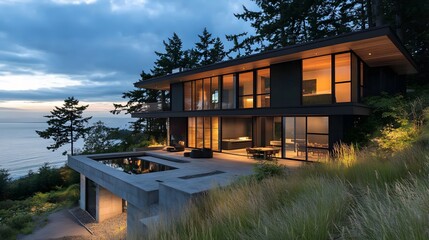 Fototapeta premium Modern Coastal Home at Dusk: Ocean View Luxury Residence