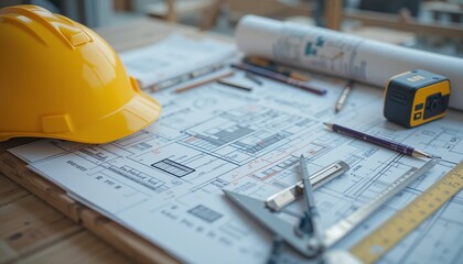 Safety helmet and blueprints on a construction site
