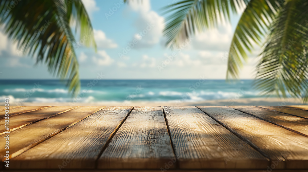 Poster a wooden table with an ocean view and palm trees in the background, depicting a summer vacation conc