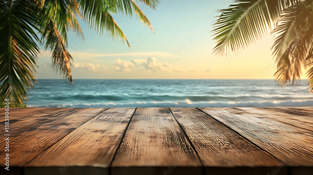 Poster a wooden table with an ocean view and palm trees in the background, depicting a summer vacation conc