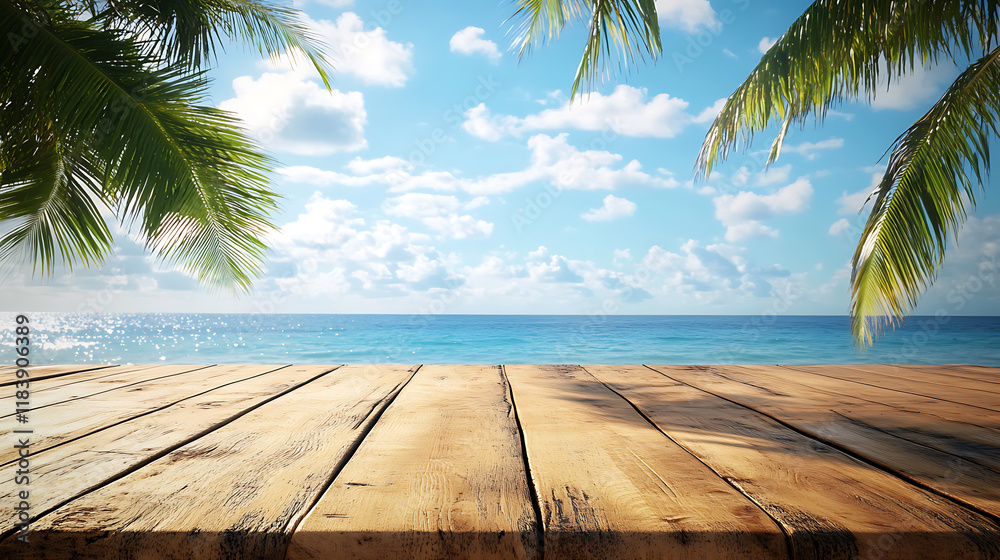 Aufkleber a wooden table with an ocean view and palm trees in the background, depicting a summer vacation conc
