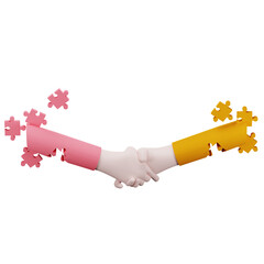 Two puzzle pieces in the form of hands shaking hands. Concept of teamwork, collaboration, partnership, and connection.