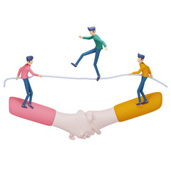 Teamwork and cooperation concept with three figures on a rope held by hands shaking