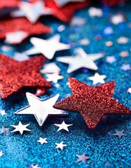 Abstract background with blue and red gliters and white stars confetti on selective focus. Generated image