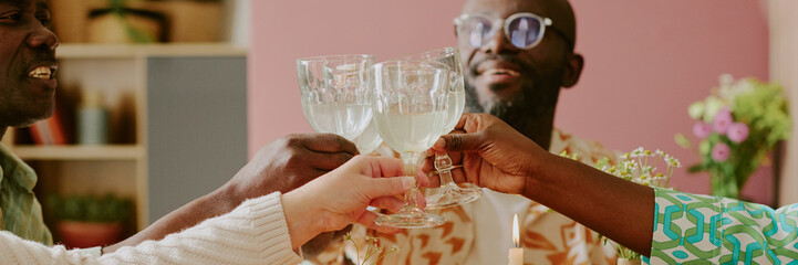 Website banner with multiracial family clinking glasses with sparkling wine