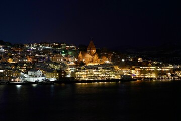 Nighttime view of Nordlandet island in Kristiansund, Norway