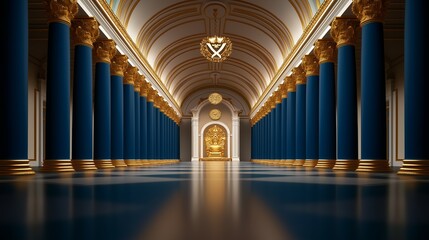 Grand Royal Hall with Golden Decor and Blue Columns Leading to a Majestic Throne
