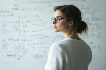Young Caucasian Female Mathematician Analyzing Equations on Whiteboard in Classroom