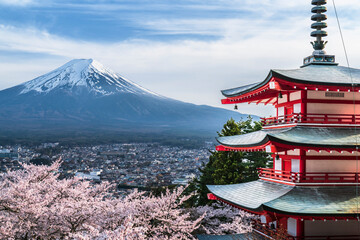 Fototapeta premium 春の新倉山浅間公園 富士山、五重塔、満開の桜【山梨県・富士吉田市】 Mt. Fuji and the five storied pagoda seen from Arakurayama Sengen Park where the cherry blossoms are in full bloom - Yamanashi, Japan