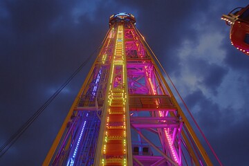 Obraz premium Illuminated amusement park tower ride at night.