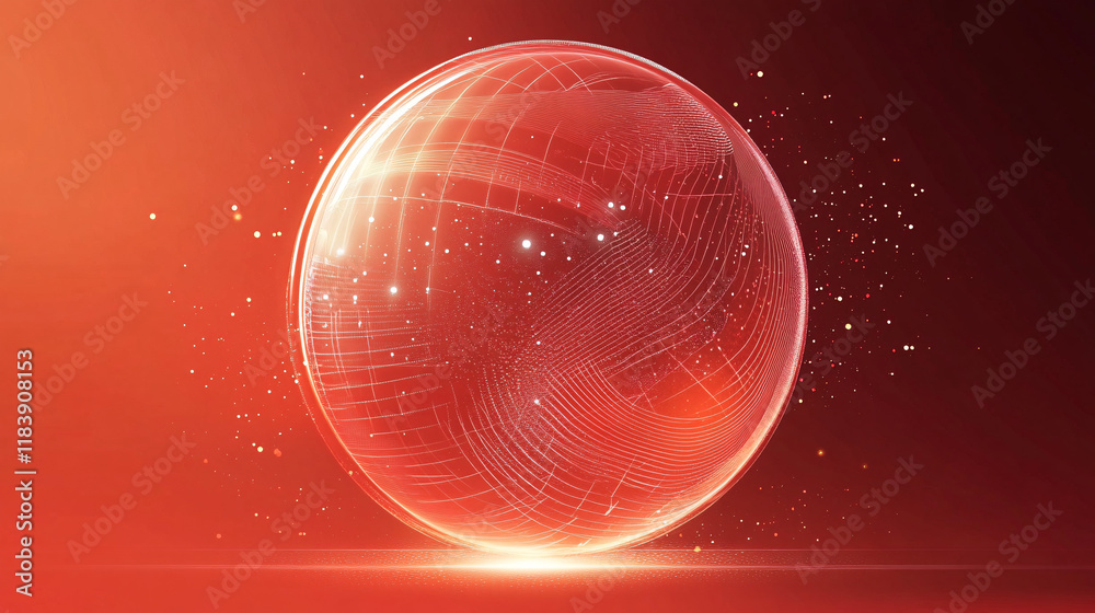 Poster a red ball with radiating light inside, surrounded by a dynamic, futuristic design on a black and re