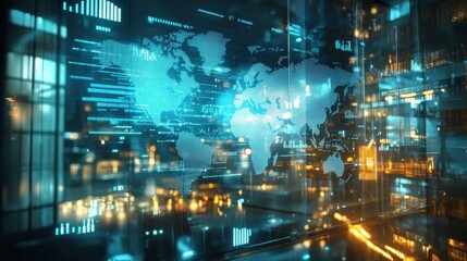 Business charts and world map hologram on modern building background. Business trading concept. Double exposure