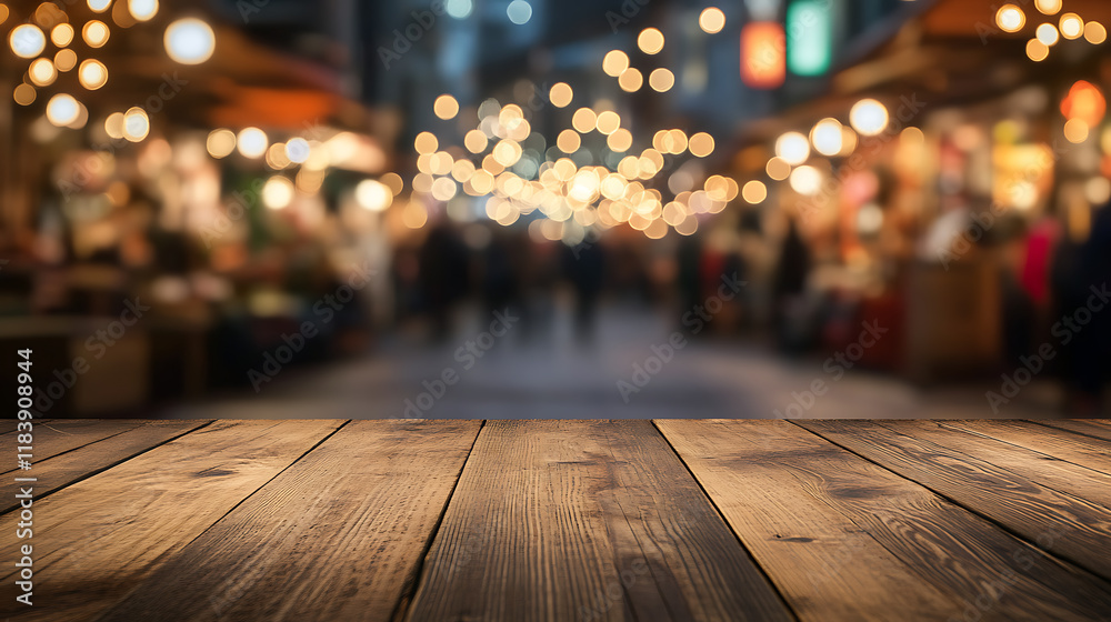Aufkleber Background for product display or montage empty wooden table top with a blurred background of a japanese winter market
