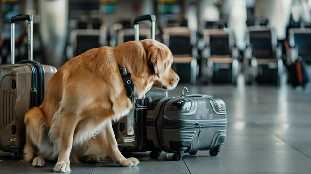 cute dog and suitcases in airport, travel and vacation concept