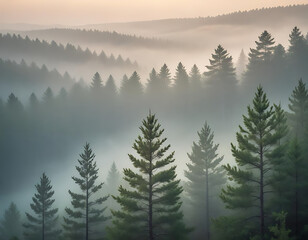 Obraz premium A misty pine forest at sunrise.