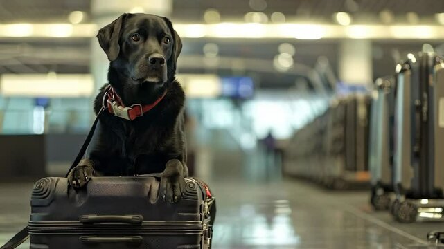 drug detective police dog and suitcases in the airport