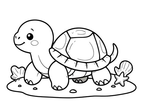 Adorable Cartoon Turtle Coloring Page: A delightful illustration of a cute turtle ready to be colored, perfect for kids and coloring enthusiasts.