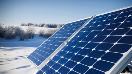 Blue solar panels on snow in winter. Renewable solar energy, alternative energy sources. Photovoltaic technology