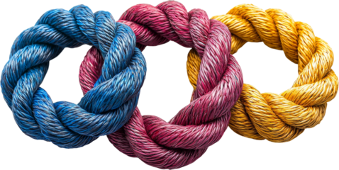 Colorful tangled ropes in blue, pink, and yellow hues Isolated on transparent background