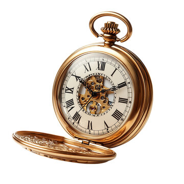 Elegant gold pocket watch displayed with open lid, gleaming surface reflecting light, set against a clean white backdrop