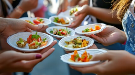 A group of friends trying gourmet fusion dishes at a food festival, each holding small plates of colorful food.