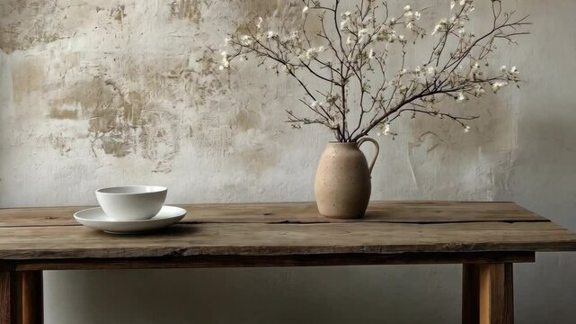 Rustic wooden table with decorative vase and simple dish in a serene indoor setting