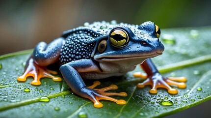 Obraz premium Vibrant Blue Frog on Dew-Kissed Leaf