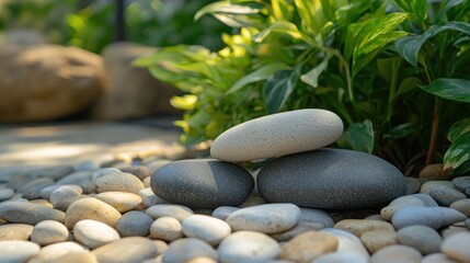 Fototapeta premium A handful of smooth rocks placed neatly in a garden, adding a natural and aesthetic touch.