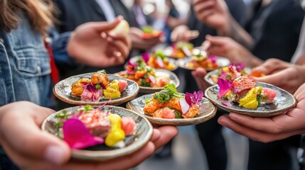 A group of friends trying gourmet fusion dishes at a food festival, each holding small plates of colorful food.