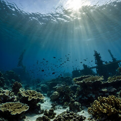 Fototapeta premium Vibrant underwater ecosystem with coral reefs and silhouette of an oil rig under sun rays