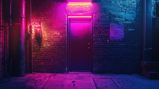 Brick wall in an alley and the back entrance door to a nightclub, neon lighting