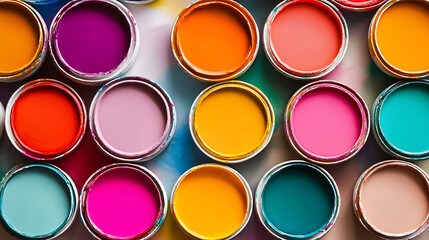 Cans of paint of different colors background