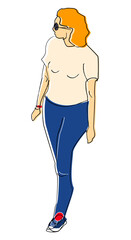 Young woman going outdoors. Modern pretty girl walking on street. Female character in casual clothes and sneakers. Flat illustration isolated on white background.