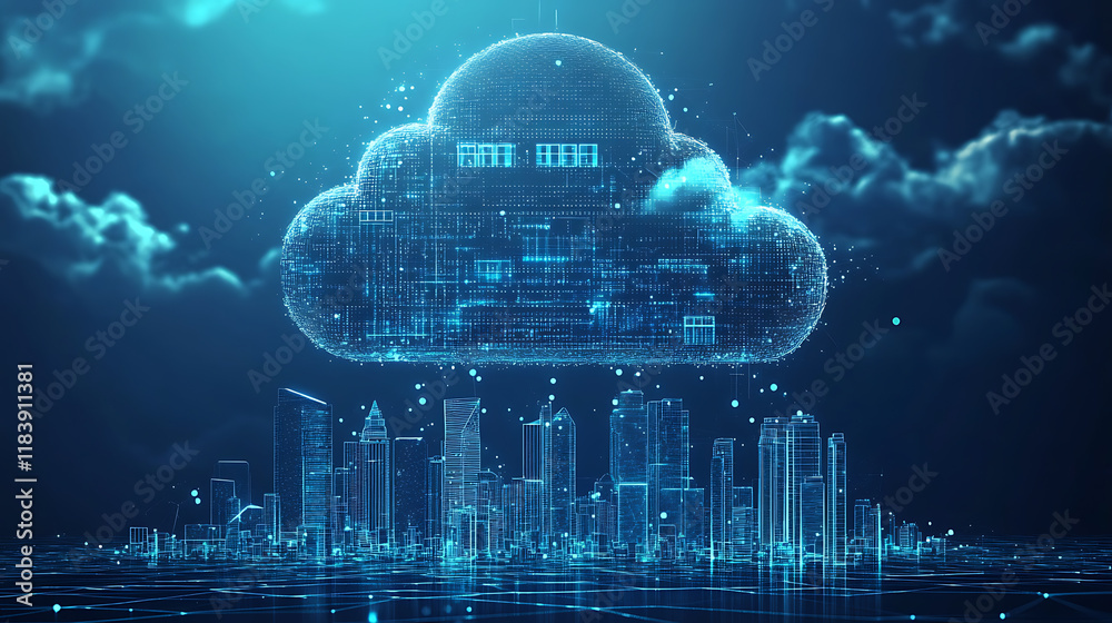 Leinwandbilder Cloud technology banner with low poly cityscape and binary code on dark blue background big data visualization concept with polygonal clouds