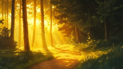 Obraz premium Serene Sunlit Path Through Enchanted Forest with Golden Light
