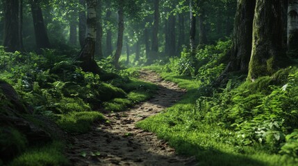 Fototapeta premium Lush Green Forest Pathway Surrounded by Sunlit Trees and Foliage