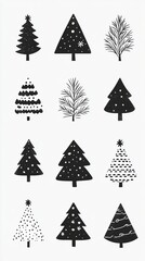 Obraz premium Black and white Christmas tree collection on plain background for festive designs