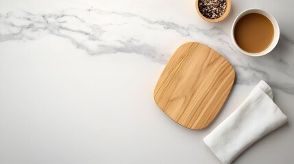 Minimalist Marble Tabletop with Wooden Board and Linen Napkin in Birds Eye Composition  Warm Natural Lighting and Scandinavian Styling for a Clean Elegant and Precise Photographic Detail